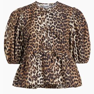 GANNI Leopard Print Cotton Peplum Tie Blouse